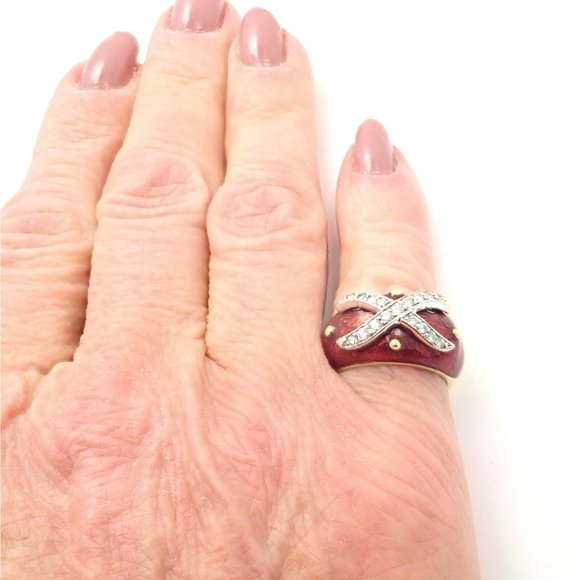 Authentic! Hidalgo 18k Yellow Gold Red Enamel X Diamond Ring Sz 5 - Picture 4 of 10